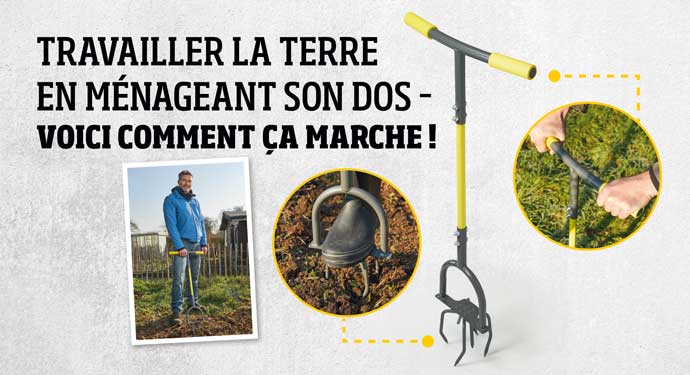 Pour préparer les travaux de plantation, cultiver les parterres (avant d'ajouter de l'engrais) ou aérer le sol : le cultivateur vous facilite la tâche et vous permet de travailler debout ! L'appareil est livré démonté.